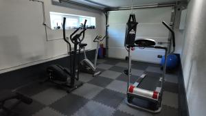 ein Fitnessstudio mit zwei Laufbändern und einem Laufband in der Unterkunft Bele House in Karmėlava
