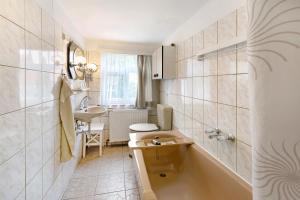 a bathroom with a sink and a toilet in it at Ferienwohnung Gute Stube in Veckenstedt +17 photos