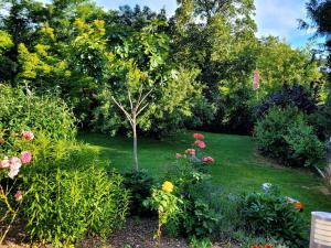 a garden with a small tree and flowers at Ferienwohnung Brixius in Koblenz