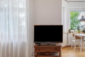 a television sitting on a wooden table in a living room at Rotes Haus über den Weinbergen in Konstanz