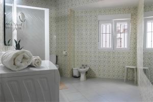 a white bathroom with a toilet and a window at Santa Clara Home in Marchena +18 photos