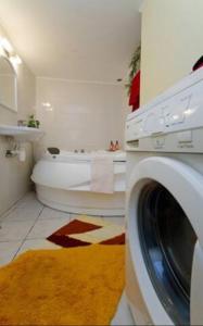 a bathroom with a washing machine and a tub at Михайловская in Kyiv