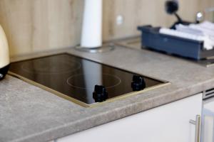 a kitchen counter top with a black stove top at Mini Apartment in Bayreuth +8 photos