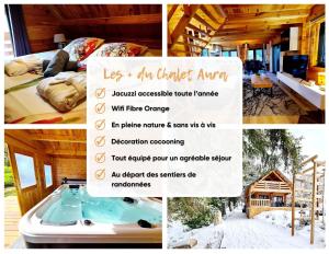 a collage of pictures of a cabin with a hot tub at Le Chalet Aura et Jacuzzi in Abreschviller
