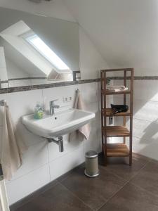 a bathroom with a sink and a mirror and a shelf at Ferienwohnungen Fischbachhof in Sulzbach an der Murr +15 photos