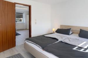 a bedroom with a large bed and a mirror at Ferienhaus in Zernitz