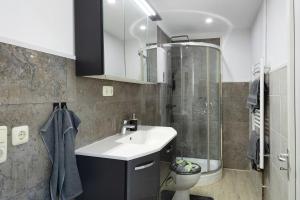a bathroom with a sink and a shower and a toilet at Ferienhaus in Zernitz
