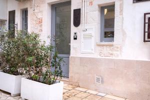 a front door of a house with two potted plants at Dimora Màufra in Locorotondo