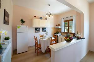 a kitchen and dining room with a table and a refrigerator at Maestro Apartment 2 in Vlachopoulátika