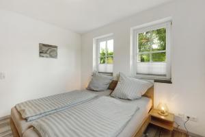 a bedroom with a bed and two windows at Chalet Sonnenhügel in Schmallenberg