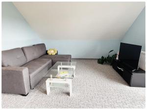a living room with a couch and a tv at Haus schöne Aussicht bei Chemnitz in Chemnitz