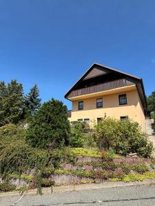 a house on a hill with bushes and trees at Haus schöne Aussicht bei Chemnitz in Chemnitz