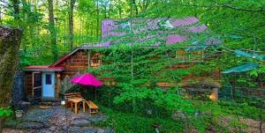 a log cabin with a pink umbrella in front of it at Fisherman in Helen +2 photos