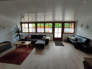 a living room with couches and a table and windows at Hegauliebe in Tengen