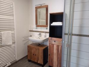 a bathroom with a sink and a mirror at Bauernhof Schäfer in Mühlacker +3 photos