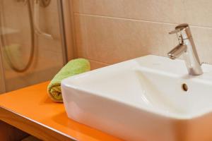 a bathroom with a sink and a shower at Ferienwohnung Lanz 1 in Lana
