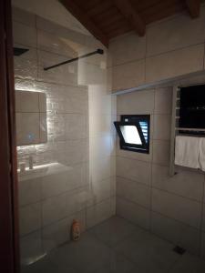 ein Badezimmer mit Dusche, Waschbecken und Fenster in der Unterkunft Monte da Bárbara in Algoceira + 17 Fotos