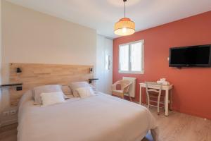 a bedroom with a large bed and a flat screen tv at Gite Le Bérierot avec piscine in Ouzous