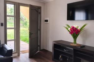 a vase of flowers on a table with a television at Mai 'Uta Experience in Hanga Roa