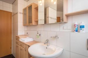 a bathroom with a sink and a mirror at Ferienwohnung Welte in Meckenbeuren +18 photos