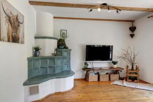 a living room with a flat screen tv on a wall at Almschlössle in Gottmadingen