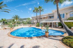 a swimming pool with palm trees and a building at Villa Quesada in Paguera