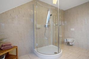 a bathroom with a shower and a toilet at Ferienwohnung Bella in Fuhlendorf +23 photos