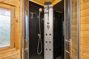 a walk in shower in a tiny house at Ferienhaus Waldblick in Berlin +23 photos