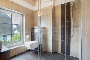 a bathroom with a shower and a toilet and a window at Ferienhaus Seestern in Dranske
