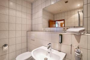 a bathroom with a sink and a toilet and a mirror at Luise in Bad Bergzabern +21 photos