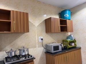 a kitchen with a stove and a microwave at Lux Apartment in Agege