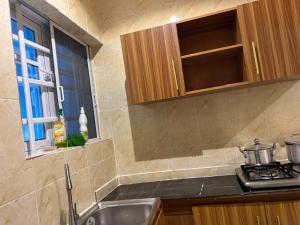 a kitchen with a sink and a stove and a window at Lux Apartment in Agege