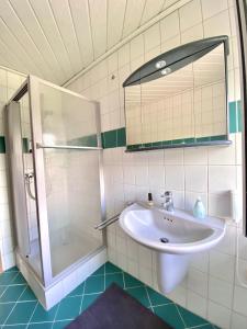 a bathroom with a sink and a shower at Ferienwohnung Alraftsblick in Waldeck