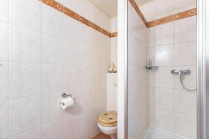 a bathroom with a toilet and a shower at Ferienhof Ibs in Kronprinzenkoog +18 photos
