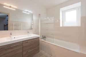 a bathroom with a sink and a shower and a mirror at Gite d'Ayzi in Ouzous +11 photos