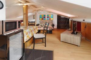 a living room with a kitchen and a living room with a tv at Haus Schwanenweg in Konstanz