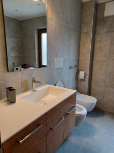 a bathroom with a sink and a toilet and a mirror at Ciasa De Marugiana in Gardeccia - San Giovanni di Fassa +19 photos