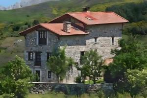 a painting of a stone house with a red roof at El Serenal in Santa Maria de Valdeón