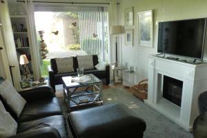 a living room with a couch and a fireplace at Feriencottage Nordseeluft in Siekbüll
