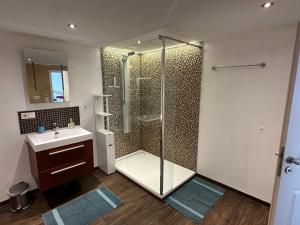 a bathroom with a glass shower and a sink at Bergisch Resort Josef in Lindlar +12 photos