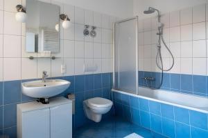 a blue and white bathroom with a toilet and a shower at Ferienwohnung Lindner 2 in Weimar +7 photos