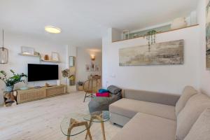 a living room with a couch and a tv at Salitre Suites Tamara in Tacoronte