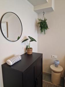 a black cabinet with a mirror and a plant on it at moselquartier terlinden- Apartment in Besch