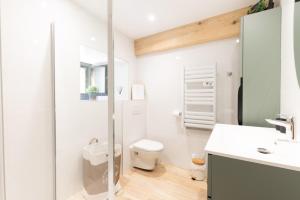 a white bathroom with a toilet and a sink at Gîte Lodge L'authentik in Accous +29 photos