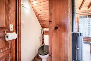 a bathroom with a toilet with a black seat at Chalet 6p Confort - L'ours blanc in Verchaix +15 photos
