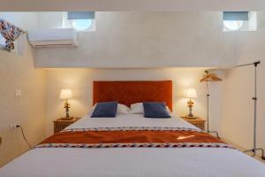 a bedroom with a large bed with blue pillows at Le Barry in Tulette +23 photos