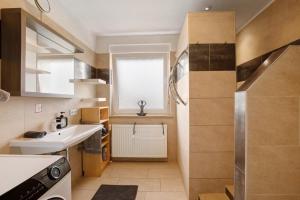 a small kitchen with a sink and a window at Ferienwohnung Sonnendeck in Laupheim +44 photos