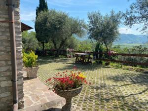 a patio with a table and flowers in a yard at Casa dell'uliveto in Albettone