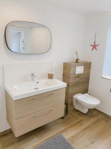 a bathroom with a sink and a toilet and a mirror at Gîte bord de mer - le Chardon in Pirou