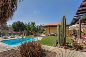 a backyard with a swimming pool and cactus at El refugio in La Oliva